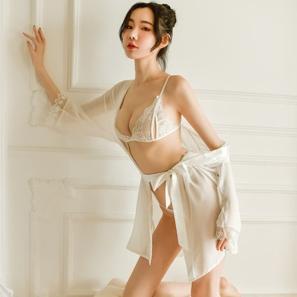 Stacy White Lace Perspective Mesh Sexy Sleeping Skirt Set