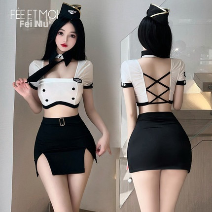Fei Mu Temptation Flight Attendant Hollow Naked Back Split Set