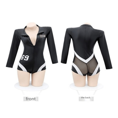 Fei Mu Shen V Zipper Open Joint Painted Leather Coat Black