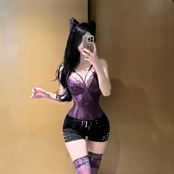Curvy woman modeling purple midnight lace lingerie set with thin bra, panties, cat ears, and thigh-highs. plus size up to 200...