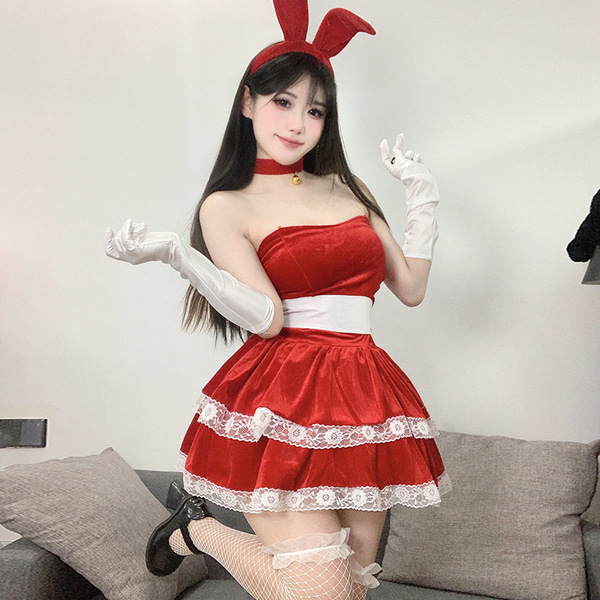 Sexy bunny girl costume set featuring a red dress with lace trim, bunny ears, gloves, stockings, and accessories perfect for ...