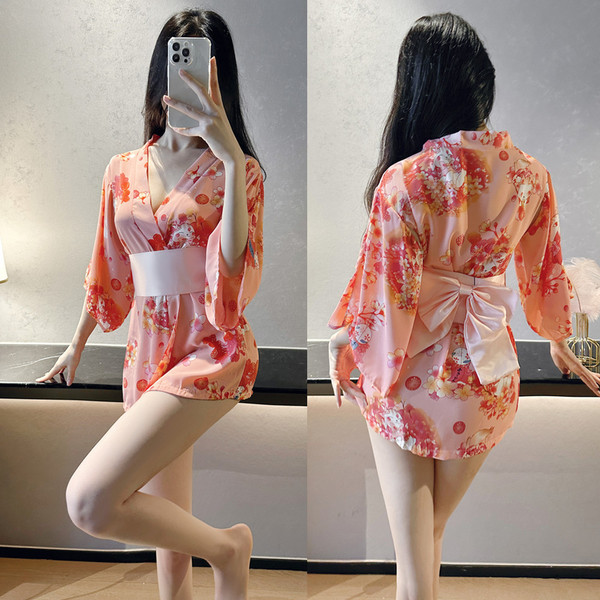 2025 pure-yu lingerie set – sheer japanese-style kimono sleepwear with floral pattern and bow detail
