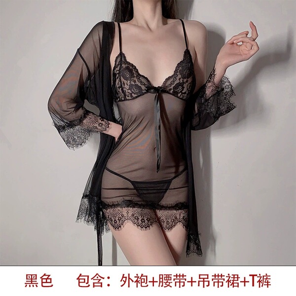 Black plus size lingerie set with lace trim sheer slip dress and matching robe, 3-piece seductive sleepwear collection.