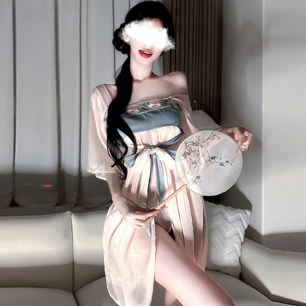 Vintage-inspired sheer chiffon hanfu dress with elegant floral embroidery, paired with a delicate palace-style dudou fan, per...