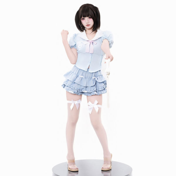 A stylish figure wearing a blue sweet-play lingerie skirt, featuring flirty cupcake mini dress design with high-waist slimmin...