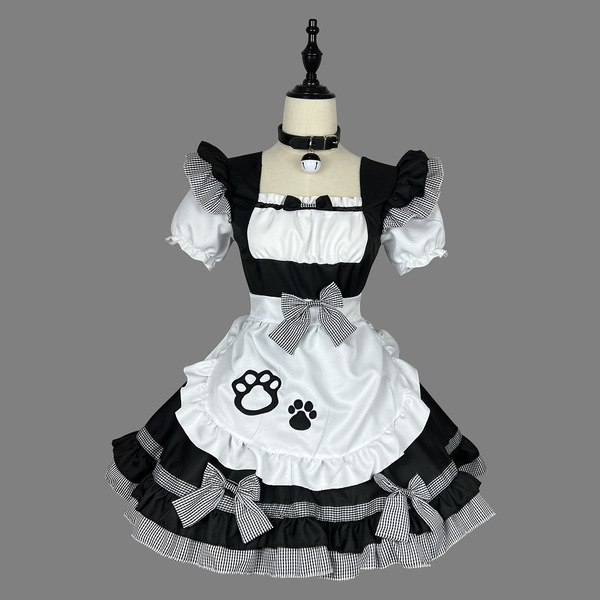New cat girl maid costume - plus size japanese kawaii cosplay outfit, classic black & white maid dress with paw prints and ru...