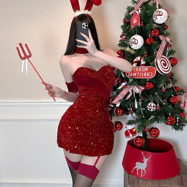 Sexy red sequined dress with devil horns and trident, perfect for christmas and valentines day costumes. ideal for date night...