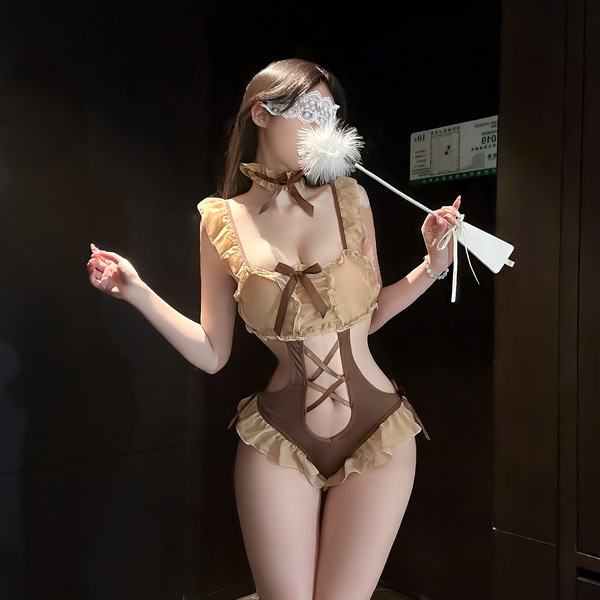 Sexy backless bodysuit with bow tie & ruffle trim - chao mu lingerie set in pure temptation style.