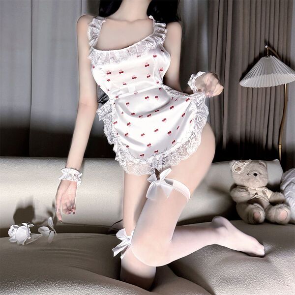 Sexy cherry print lace sleepwear set featuring a cute maid design, with bow-tie straps and sheer trim details.