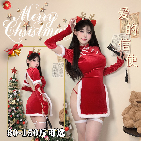 Sexy velvet holiday costume for women, elegant santa-themed outfit & stage wear, christmas lingerie set, red velvet dress wit...