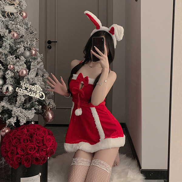 Sexy red christmas velvet lingerie set featuring a festive sleep dress with bunny ears, perfect for new years eve role play a...