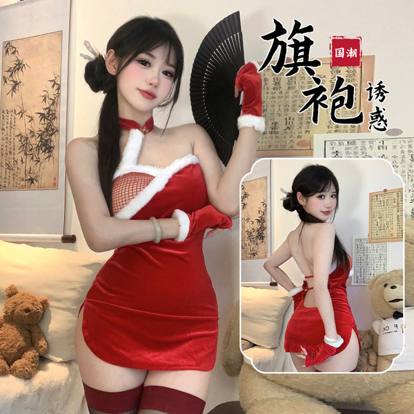 Sexy holiday costume for women, nightclub & bedroom outfit featuring domiela lace cheongsam lingerie set with red dress and g...