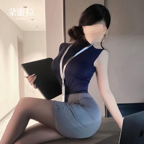 A woman wearing a domoila sexy lingerie set, featuring a pure and tempting secretary skirt, perfect for air hostess costumes ...