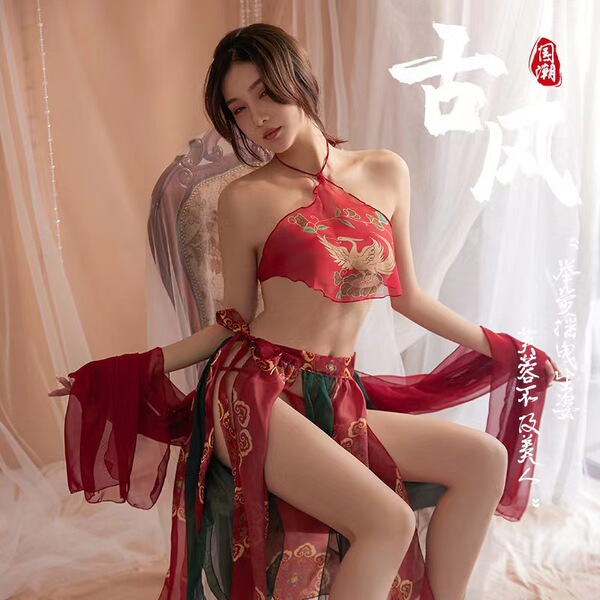 A woman wearing a red fly tian princess hanfu lingerie, featuring a seductive bodice and silk sleepwear, embodying ancient ch...