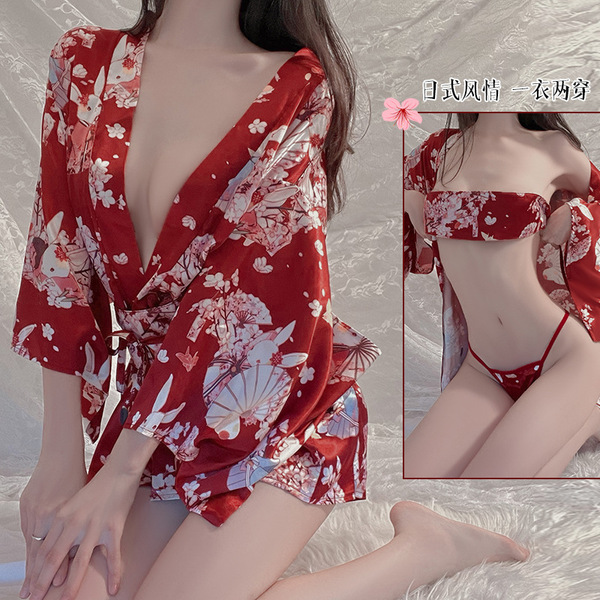Gioruo sexy deep v lingerie set - japanese print kimono style, thin & alluring, perfect for romantic moments