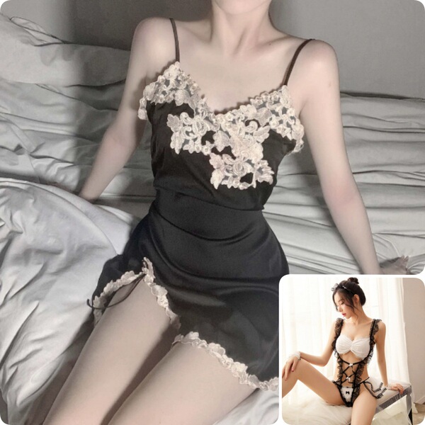 Sexy Maid Costume for Women - Cute & Playful Sheer Mesh Bodysuit with Ruffled Trim, Lingerie Set - White (includes matching socks) + 0009 popular slip dress