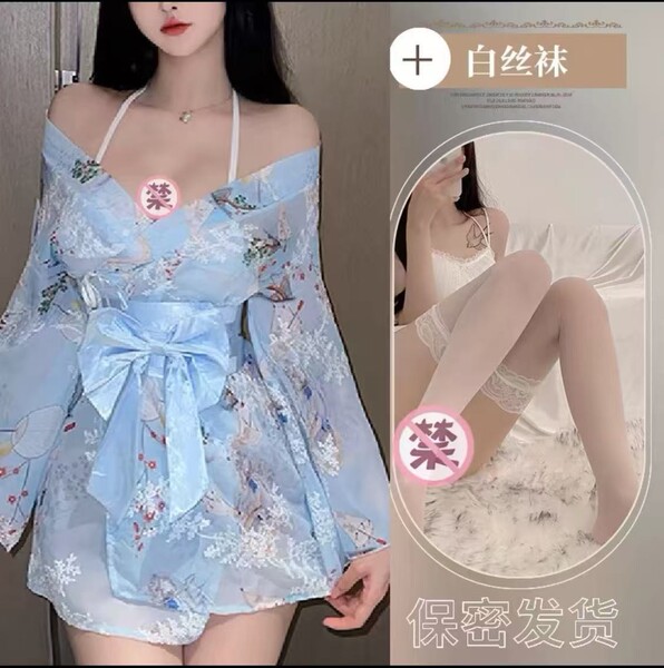 Tokyo Shinto Maiden Kimono Robe - Sweet Bow Sexy Floral Sleepwear, Sheer Chiffon Lingerie Robe - Blue and white stockings 014