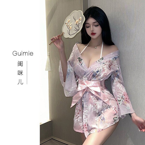 Tokyo Shinto Maiden Kimono Robe - Sweet Bow Sexy Floral Sleepwear, Sheer Chiffon Lingerie Robe - Pink-014