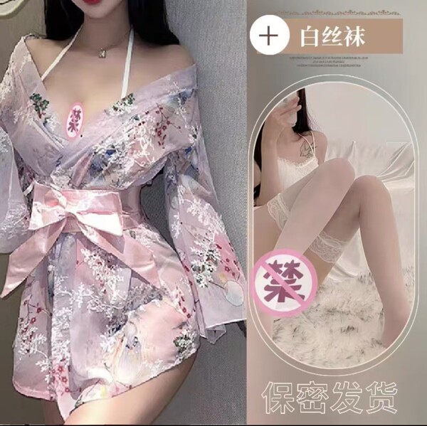 Tokyo Shinto Maiden Kimono Robe - Sweet Bow Sexy Floral Sleepwear, Sheer Chiffon Lingerie Robe - Pink + White Stockings 014