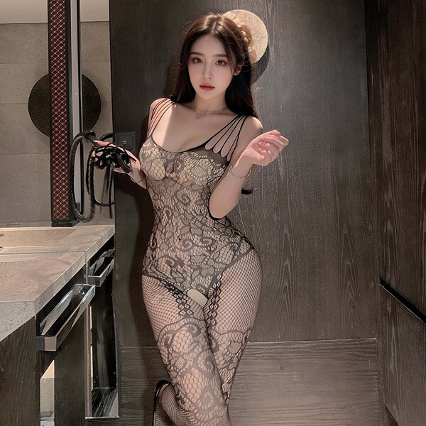 Women's Sexy Lace Bodysuit with Sheer Mesh & Thigh-High Black Stockings - Seductive Sleepwear Set for Small Bust - No. 6 [015 Black]