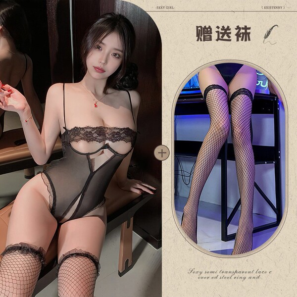 Charming Lace Sheer Chemise Set - Busty Push-Up Open-Crotch Sleepwear for Small-Busted Women, Flirty & Feminine - Black + black stockings + 023 black