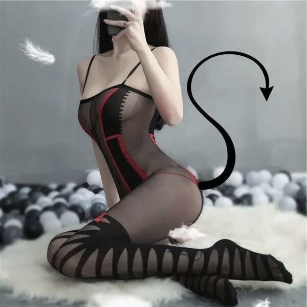 Qingran Sexy Sheer Mesh Bodysuit for Women - Transparent Lingerie Set with Open-Crotch Design, Seductive & Comfortable - 025 Black