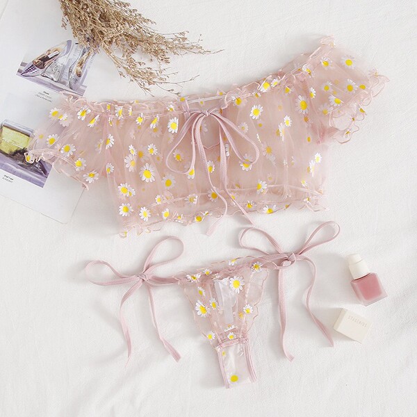 Summer Off-Shoulder Lace Sleepwear Set for Women – Floral Mesh Bralette & Matching Bottoms with Adjustable Ties - 026 Pink Chrysanthemum