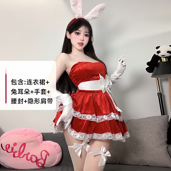 Plus Size New Year Eve Costume Set - Sexy Christmas Lingerie & Bunny Outfit for Women - 0315 Wine Red