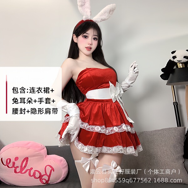 Plus Size Christmas Outfit Set - Sexy Holiday Lingerie & Bunny Costume for New Year's Eve - 0315 Wine Red