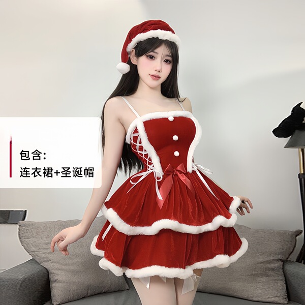 Sexy Christmas Lingerie Set - Velvet Role Play Costume for New Year Eve & Holiday Cosplay - 0319 Wine Red