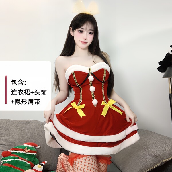 Sexy Christmas Lingerie Set - Velvet Role Play Costume for New Year Eve & Holiday Cosplay - 0320 Wine Red