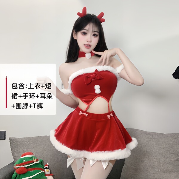 Sexy Christmas Lingerie Set - Velvet Role Play Costume for New Year Eve & Holiday Cosplay - 0323 Wine Red