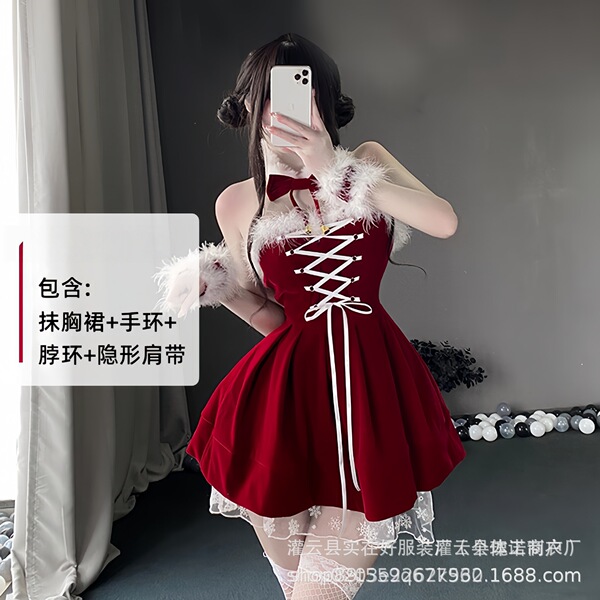 Plus Size Christmas Outfit Set - Sexy Holiday Lingerie & Bunny Costume for New Year's Eve - 0326 Red