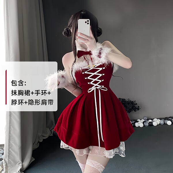 Sexy Christmas Lingerie Set - Velvet Role Play Costume for New Year Eve & Holiday Cosplay - 0326 Red