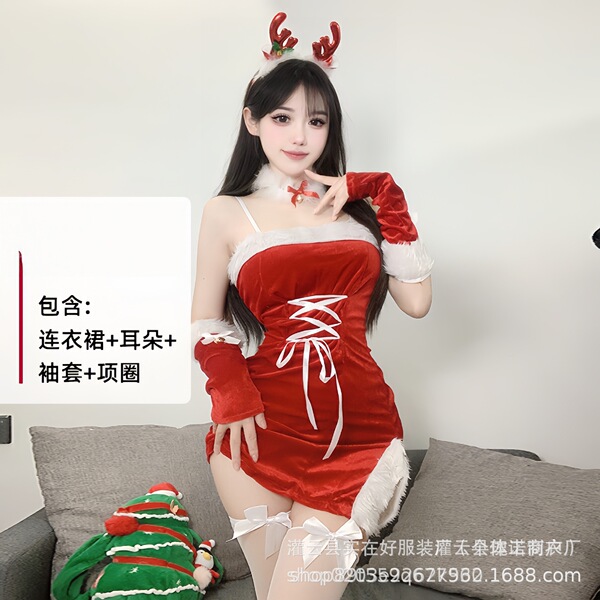 Plus Size Christmas Outfit Set - Sexy Holiday Lingerie & Bunny Costume for New Year's Eve - 0328 Wine Red