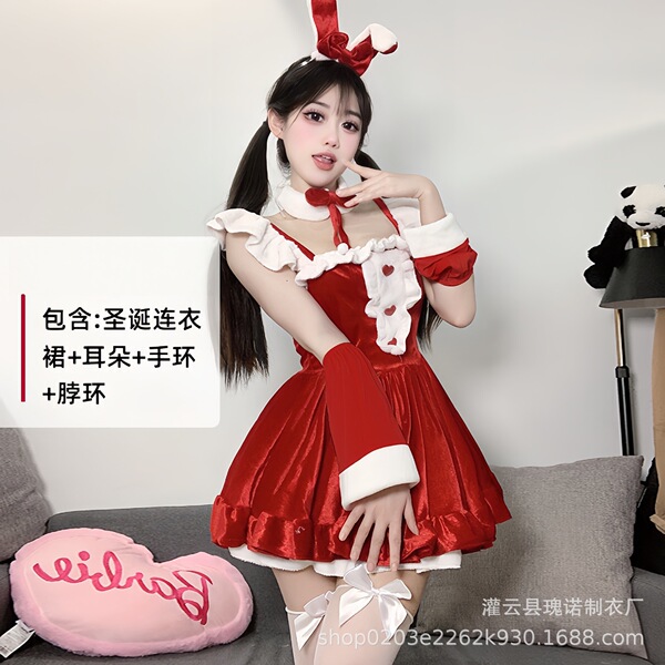 Plus Size New Year Eve Costume Set - Sexy Christmas Lingerie & Bunny Outfit for Women - 0336 Wine Red