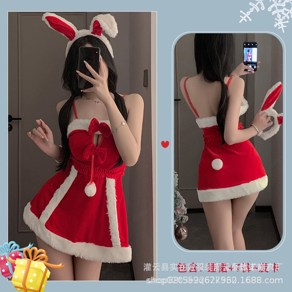Plus Size Christmas Outfit Set - Sexy Holiday Lingerie & Bunny Costume for New Year's Eve - 0345 Wine Red
