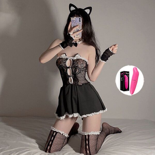 Sexy Maid Costume for Women - Small-Bust Lingerie Set, Naughty Cat-Themed Sleepwear & Bedroom Play Outfit - Black 035 (Cat Skirt Set) includes fishnet stockings and a vibrator.