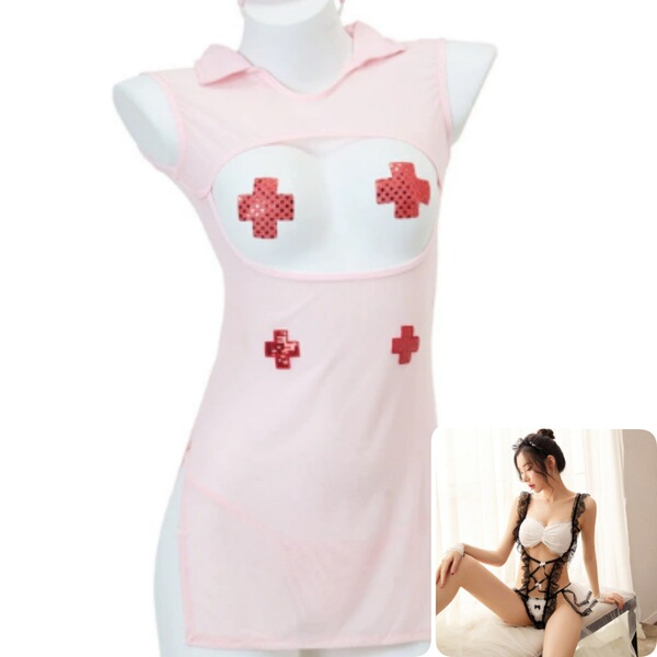 Sexy Maid Costume for Women - Cute & Playful Sheer Mesh Bodysuit with Ruffled Trim, Lingerie Set - White (includes matching socks) + 0650 Leaking Breast Nurse (includes blood-dripping nipple covers + fishnet stockings)