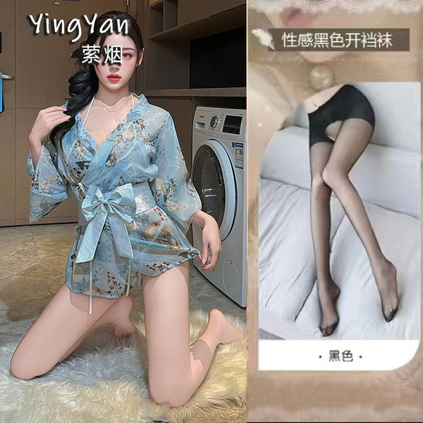 Japanese-Style Lace Kimono Set - Sexy Bow-Tie Sheer Robe & Matching 3-Piece Outfit for Women - 0833 Blue + Black Open Crotch Stockings