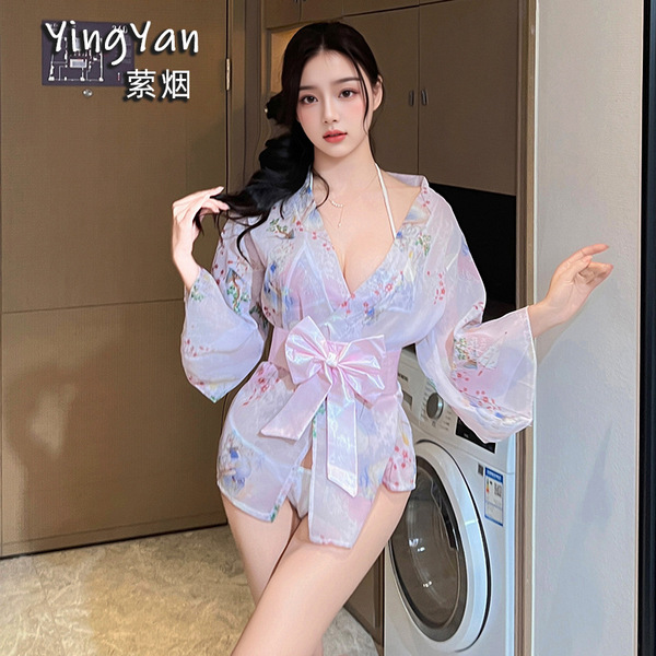 Japanese-Style Lace Kimono Set - Sexy Bow-Tie Sheer Robe & Matching 3-Piece Outfit for Women - 0833 Pink (socks not included)