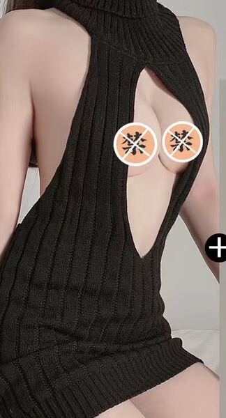 Romantic Nightwear Sweater Dress - Open-Front Backless Sexy Knit Mini Dress for Women - Black + 085 black stockings, black bow