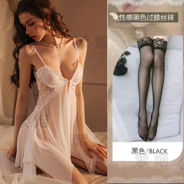 QQNY Women's Pure & Tempting Plus Size Lingerie Set - Underwire Push-Up Bra & Matching Panty for Sensual Appeal - 0859 White button-down nightgown + thong + black stockings