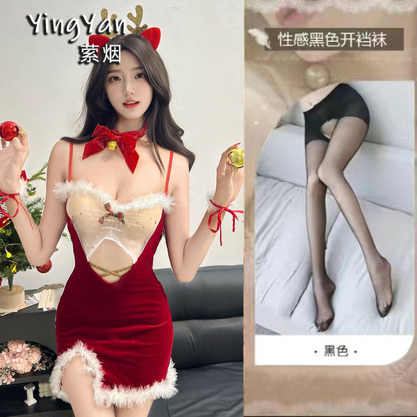 Yingyan Christmas Lingerie Set - Sexy Bare-Back Bra Top & Matching Bottoms, Elegant New Year Party Outfit for Women - 0936 Red + Black Open Crotch Stockings