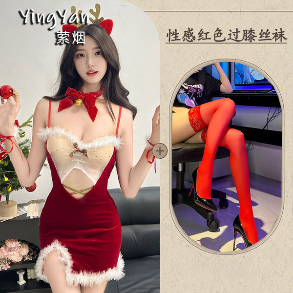 Yingyan Christmas Lingerie Set - Sexy Bare-Back Bra Top & Matching Bottoms, Elegant New Year Party Outfit for Women - 0936 Red + Red Stockings