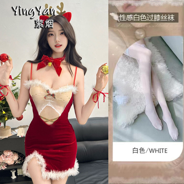 Yingyan Christmas Lingerie Set - Sexy Bare-Back Bra Top & Matching Bottoms, Elegant New Year Party Outfit for Women - 0936 Red + White Stockings