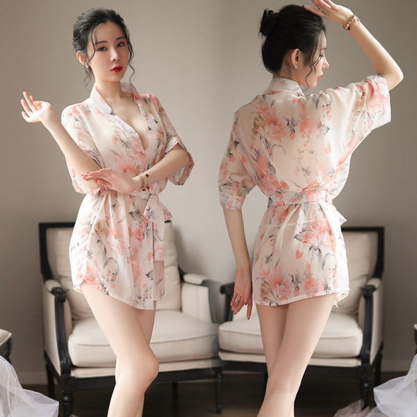 Japanese-Style Sexy Lace Sleepwear Set – Sheer Chiffon Kimono Robe & Matching Lingerie Outfit - 1