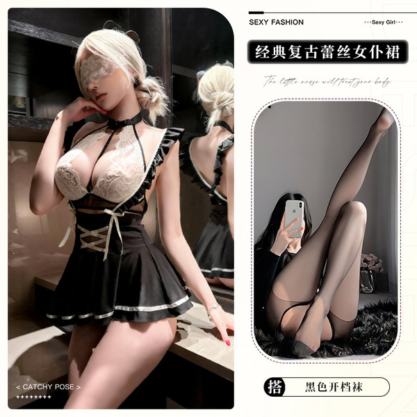 Lemon Story Sexy Maid Costume for Women – Flirty JK Uniform, No-Remove Role Play Outfit - 10004+ Black Open Crotch Stockings
