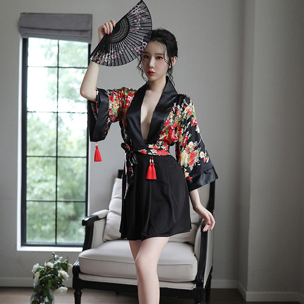 A woman poses elegantly in a muxue 1009 japanese-style erotic lingerie set, featuring a floral kimono-themed robe with red ta...