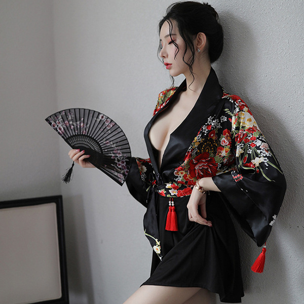 A woman poses elegantly in a muxue 1009 japanese-style erotic lingerie set, featuring a black kimono with floral patterns and...